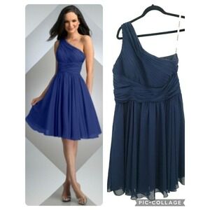 Bari Jay 20 Navy Blue One Shoulder Prom Dress Bridesmaid Pleated Short Layered